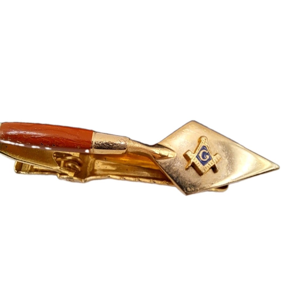 Vintage Masonic Spade Tie Bar Clip Gold Tone Enamel Square Compass Anson